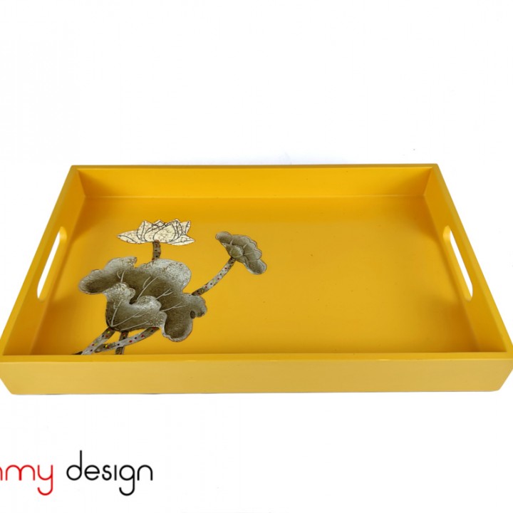 Yellow rectangular lacquer tray with hand-painted lotus 22*35